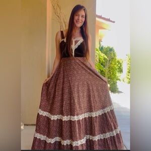 Gunne Sax Floral Dress in Brown and White